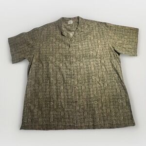 LL Bean Mens Green Short Sleeve Camp Shirt Mayan Aztec Tiki Tribal XL Cotton